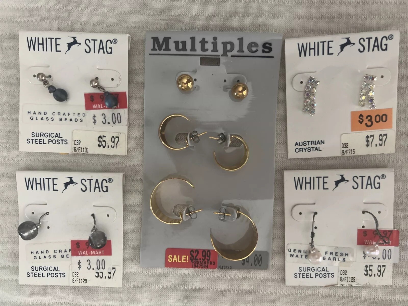 Vintage 90s White stag Earring Lot Wal-mart Pearl Crystal Glass Lot Of 5 Collect
