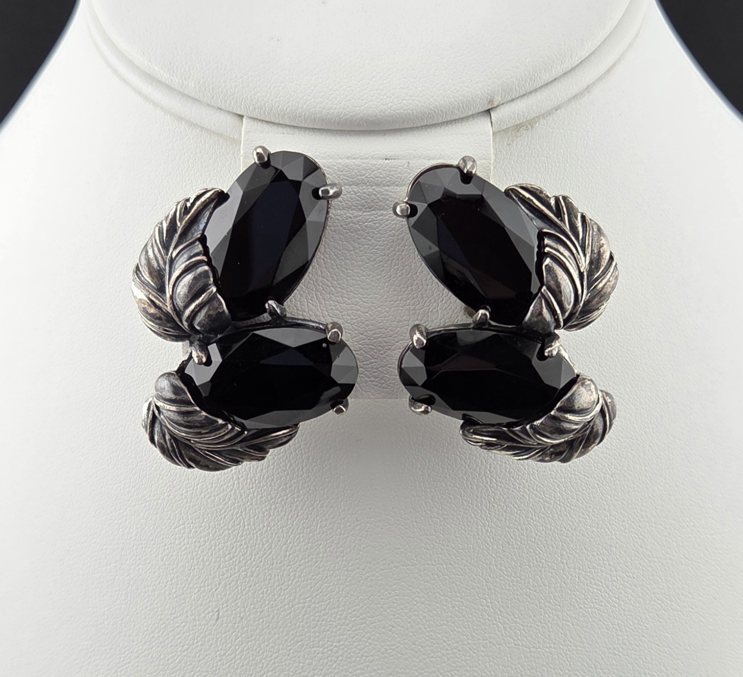 Vintage Signed Schiaparelli Black Glass Leaf Clip-On Earrings Rhodium Plated