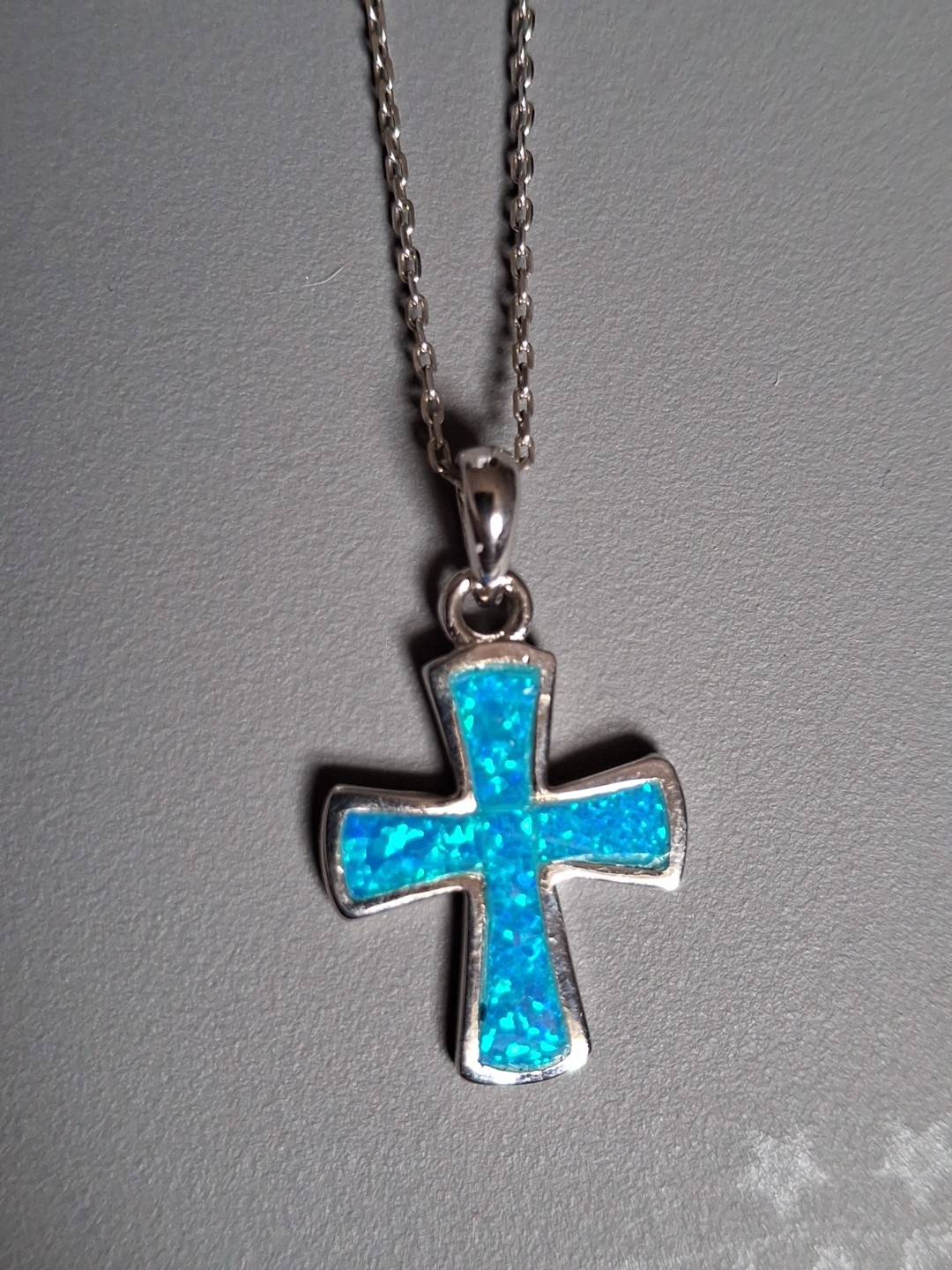 Blue Opal Inlay Rounded .925 Sterling Silver Cross + 18″ Link Silver Chain Italy