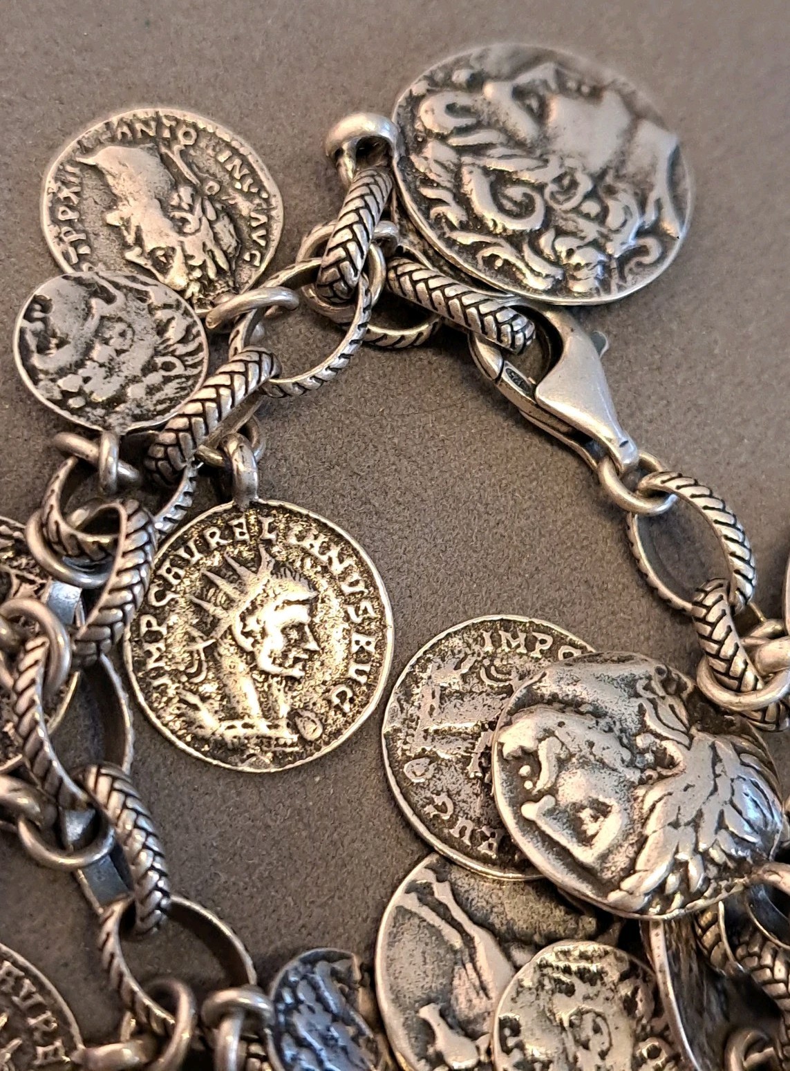 Silpada Sterling Silver Roman Coin Cha Cha Charm Bracelet 8″ Adjustable 66 grams