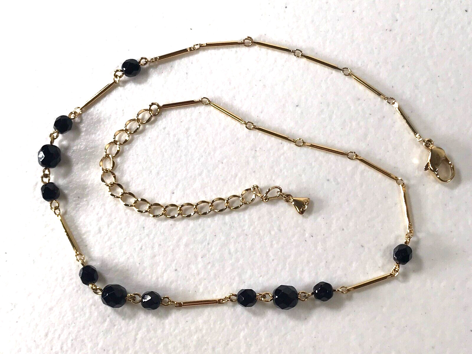 Olci Signed Gold Tone Bar Link Faceted Black Beaded Station Necklace 17″ Estate