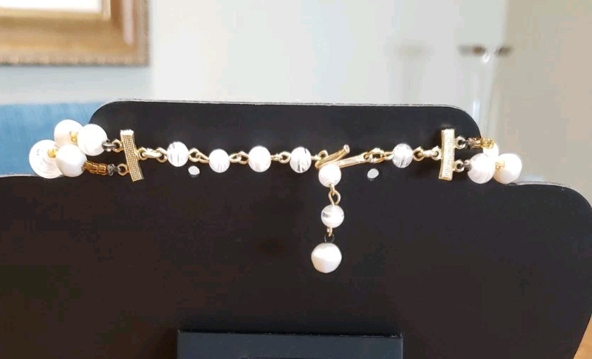 Vtg MCM Bridal Wedding Double Strand White Glass Bead Choker with Gold Accent