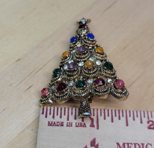 VTG Christmas Tree Pin Brooch 1-Missing Stone 2″x1.5″
