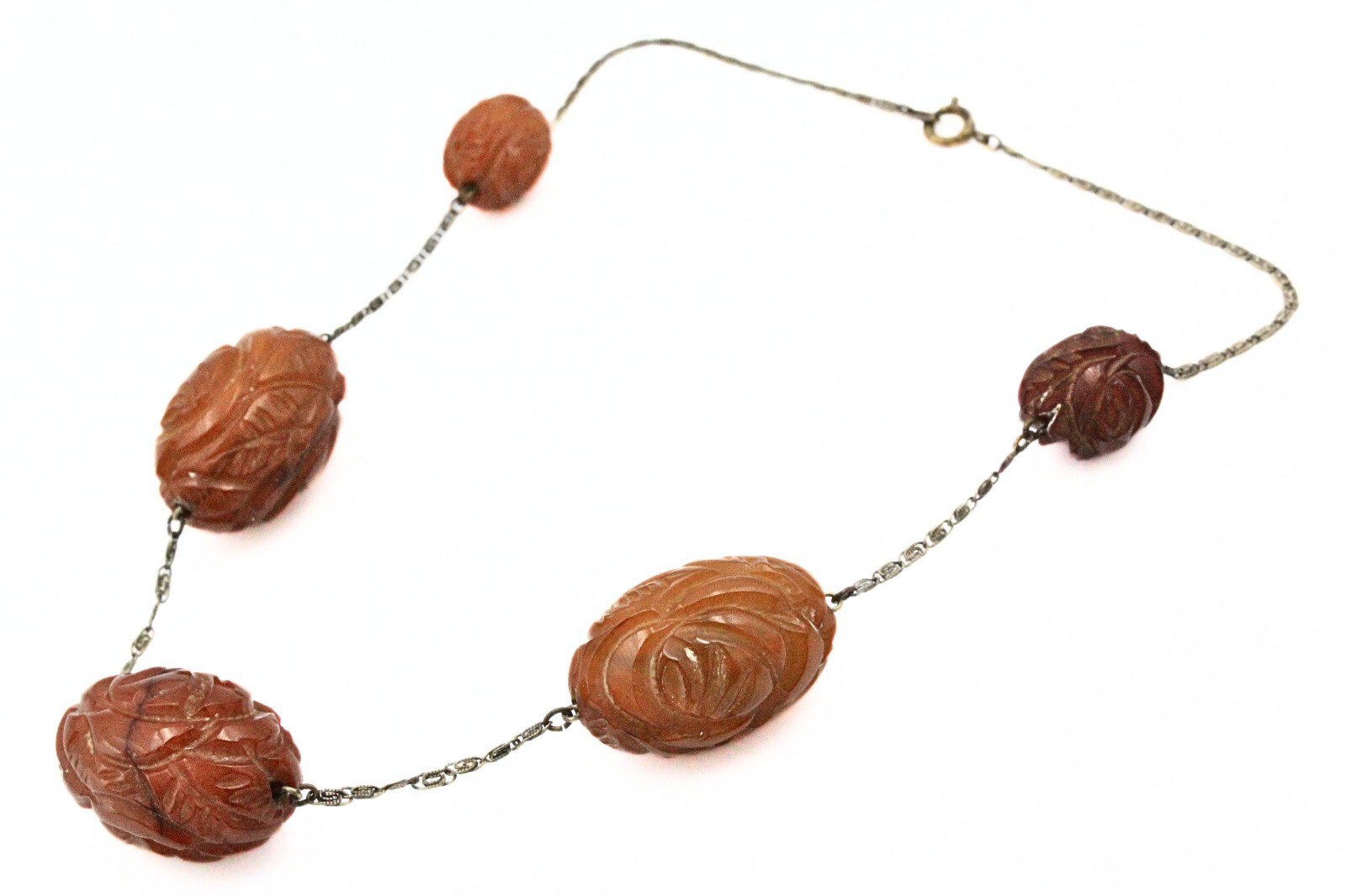 Antique Art Deco Silver 850 Carved Bakelite Flower Bead Station Necklace