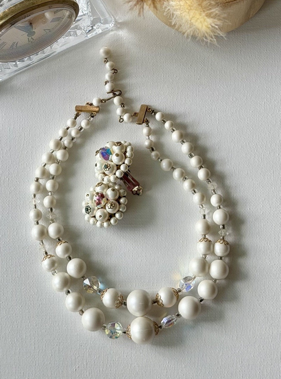 Vintage White Satin Bead Necklace & Clip On Earrings Set AB Crystal Bridal