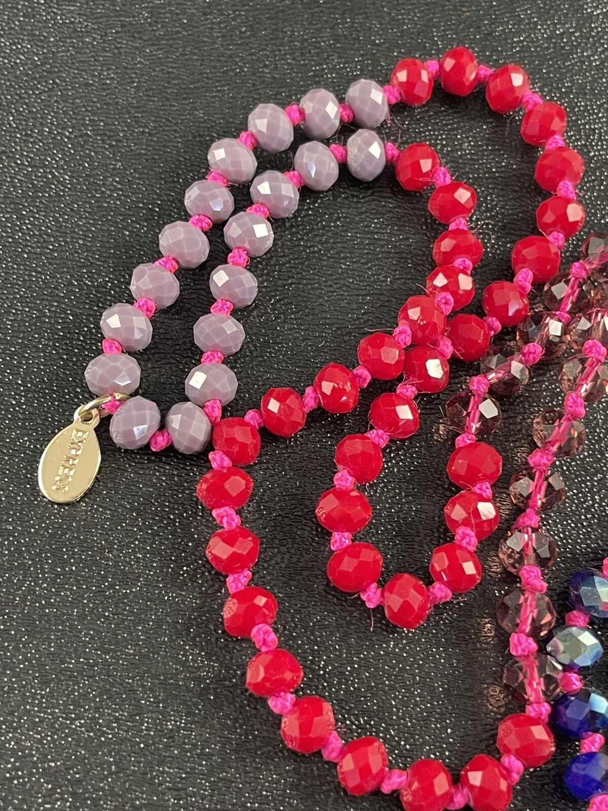 EXPRESS Signed Vintage Pink Tassel Necklace 36” Purple & Red Faceted Lucite Bead