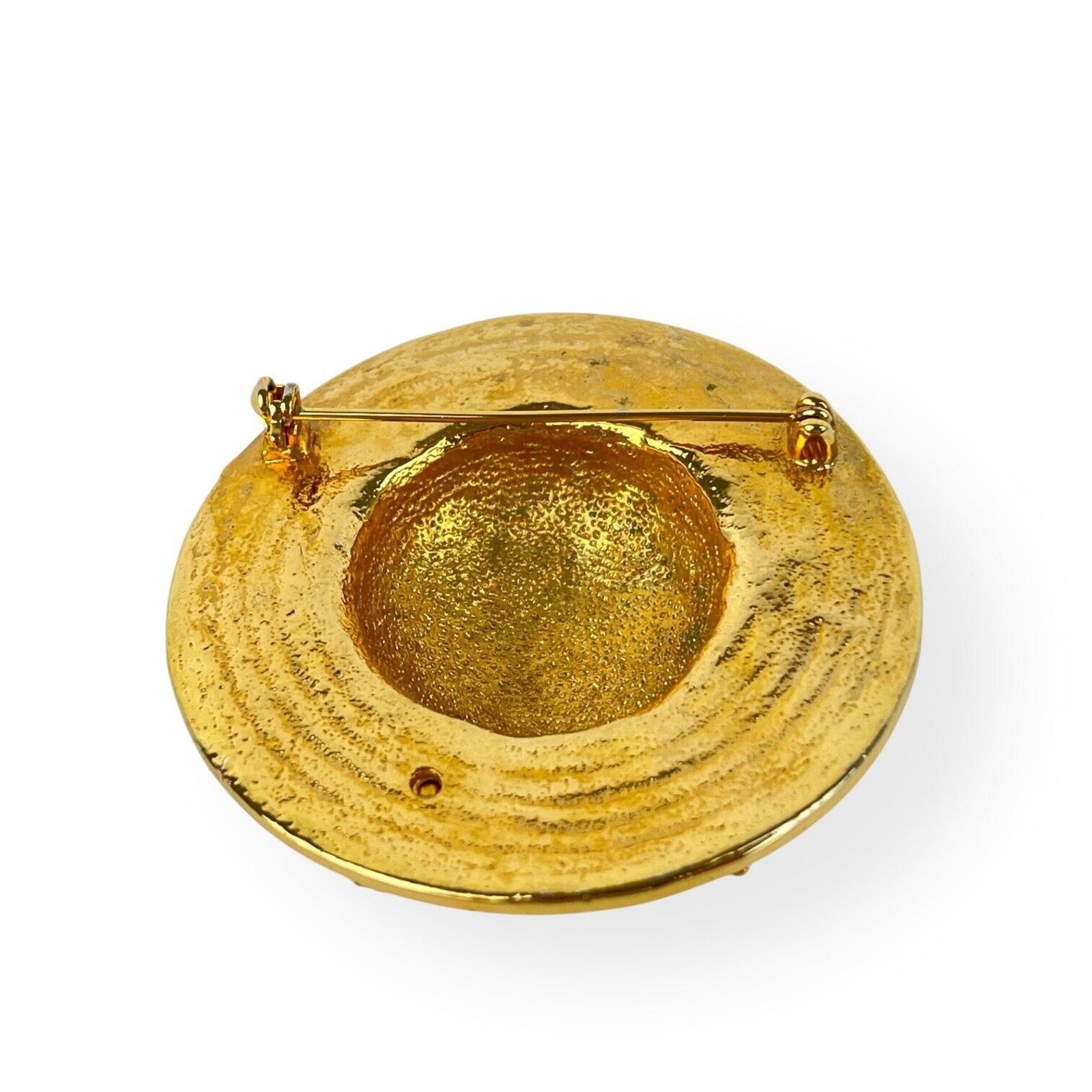 Brooch Sun Hat Gold Tone Pin Textured Shiny Spring Garden Flowers Fashion Vtg