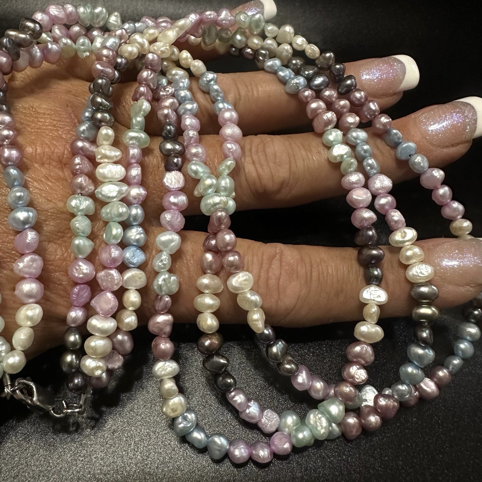 NICE ESTATE STERLING SILVER PINK BLUE PURPLE PEACOCK PEARL 3-STRAND NECKLACE 20”