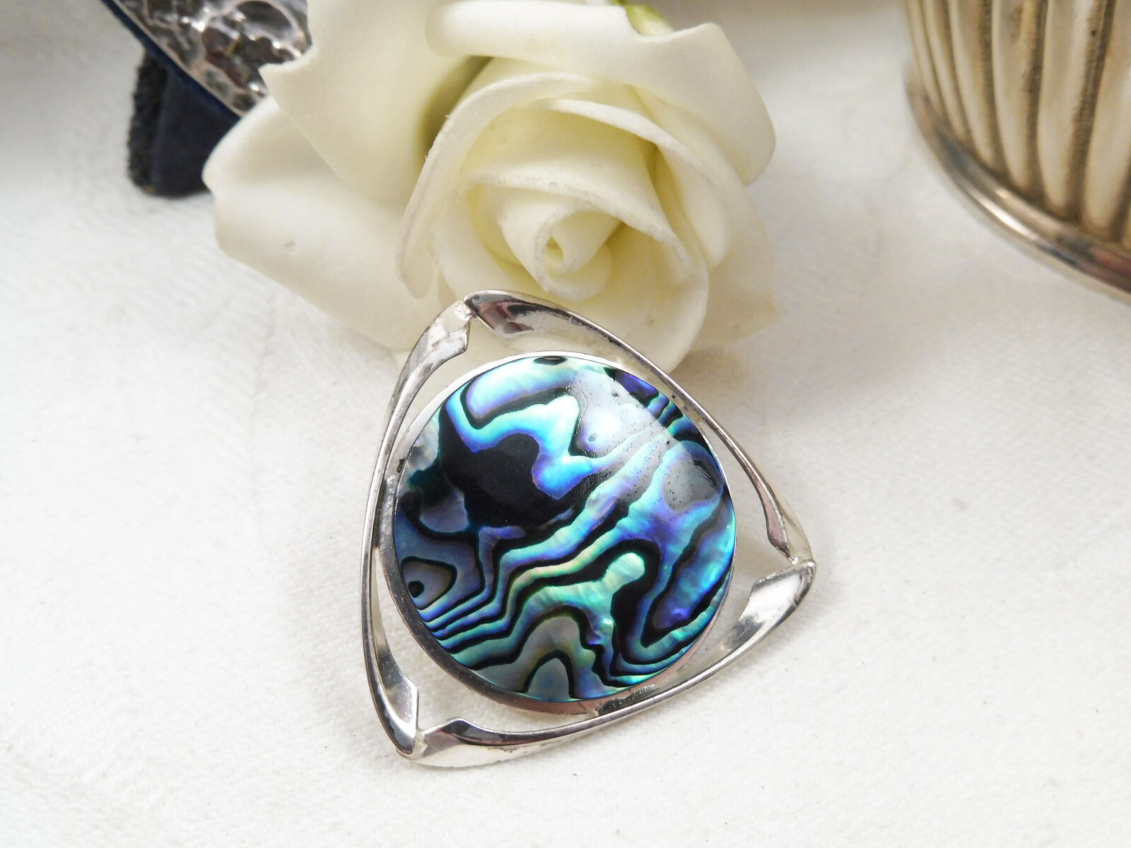 Vintage NZ Ataahua Bee Mark Paua Shell St Silver Brooch & Earrings Set Boxed