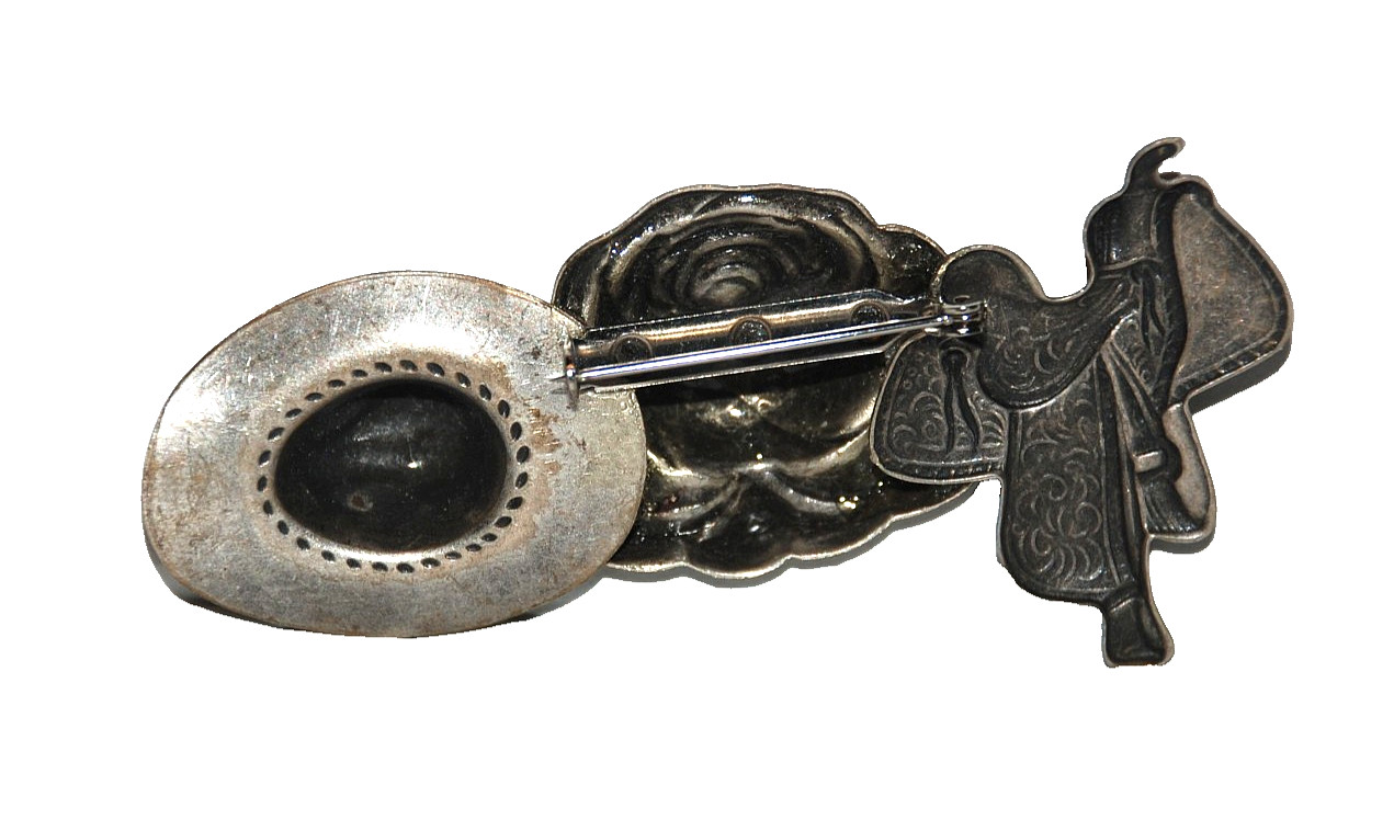 Saddle Rose Cowgirl Hat Western Brooch Pin Metal Silver Tone 1980’s Jewelry