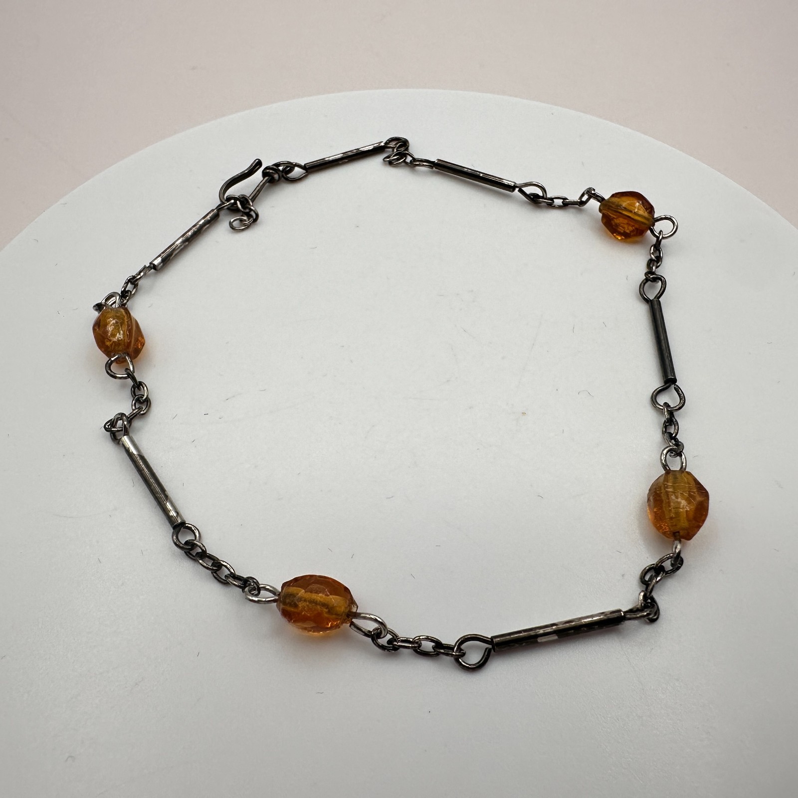Vintage 90s Amber Beaded Bar Link Chain Bracelet Bronze Tone Women’s Jewelry