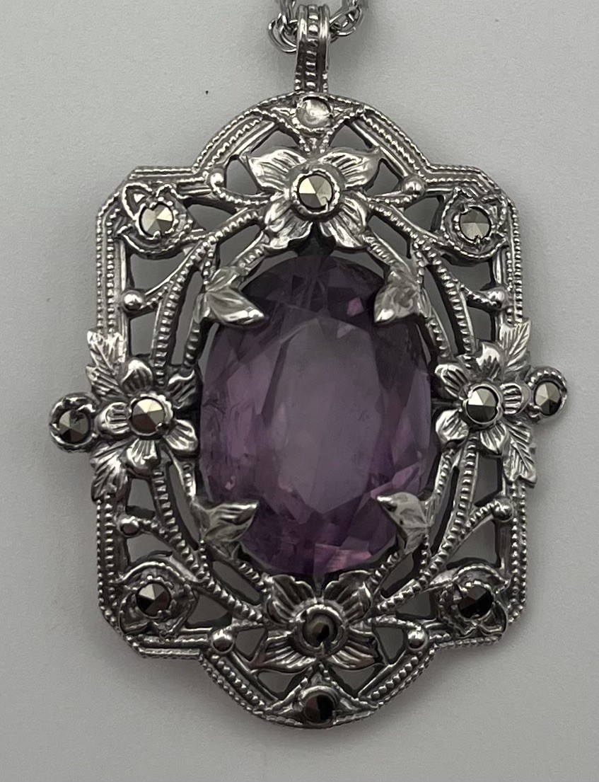 Vintage Sterling Silver Amethyst Art Nouveau Style Pendant On Super Seven Beads