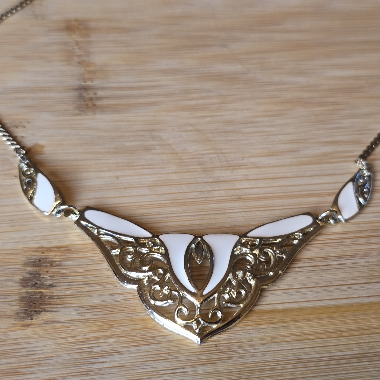 Vintage DeMilo Ivory Enamel Filigree Bib Necklace Statement Collar Art Nouveau
