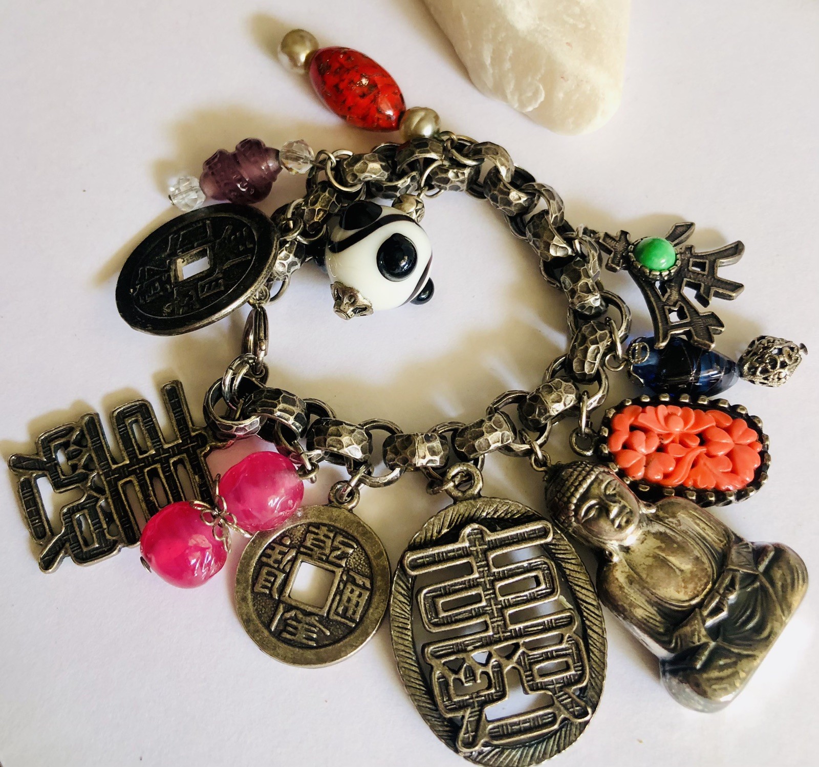 VTG Germany Bracelet, Asian Theme, Murano&plastic, Beautiful Silver Tone, Heavy.