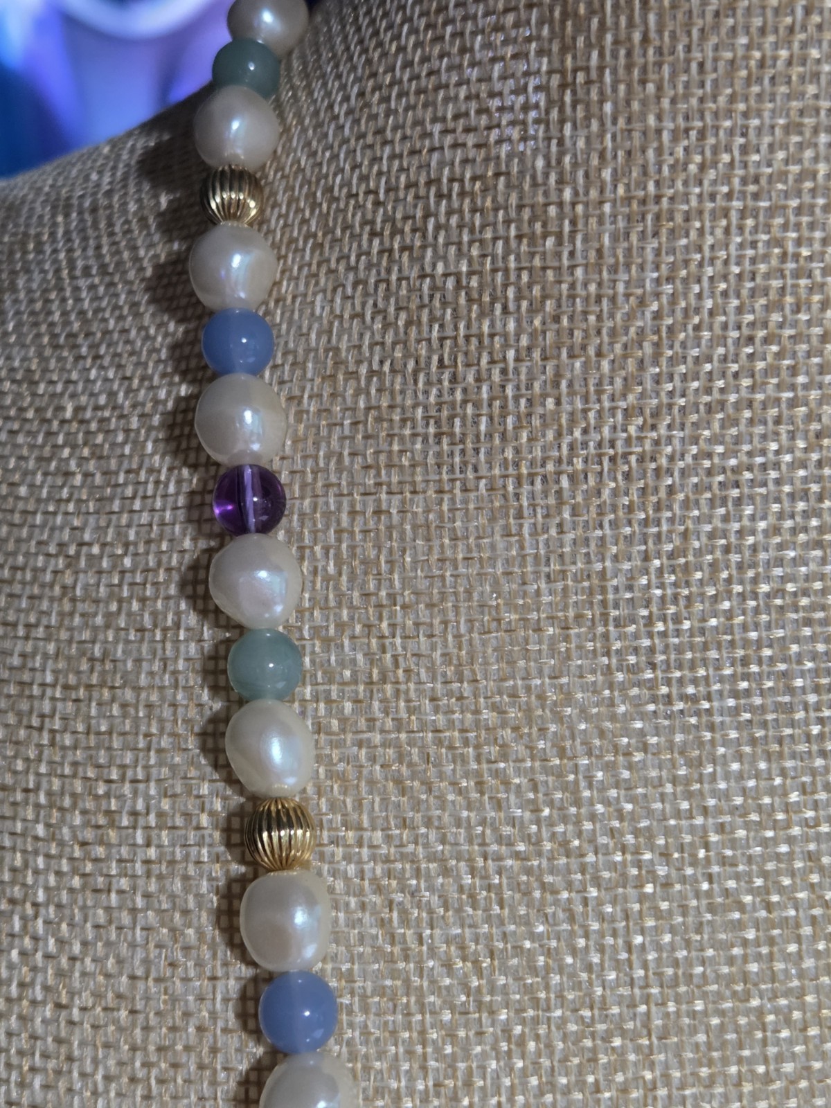 34″ Opera Faux Pearl Blue Green Purple Bead Gold Tone Necklace Barrel Clasp