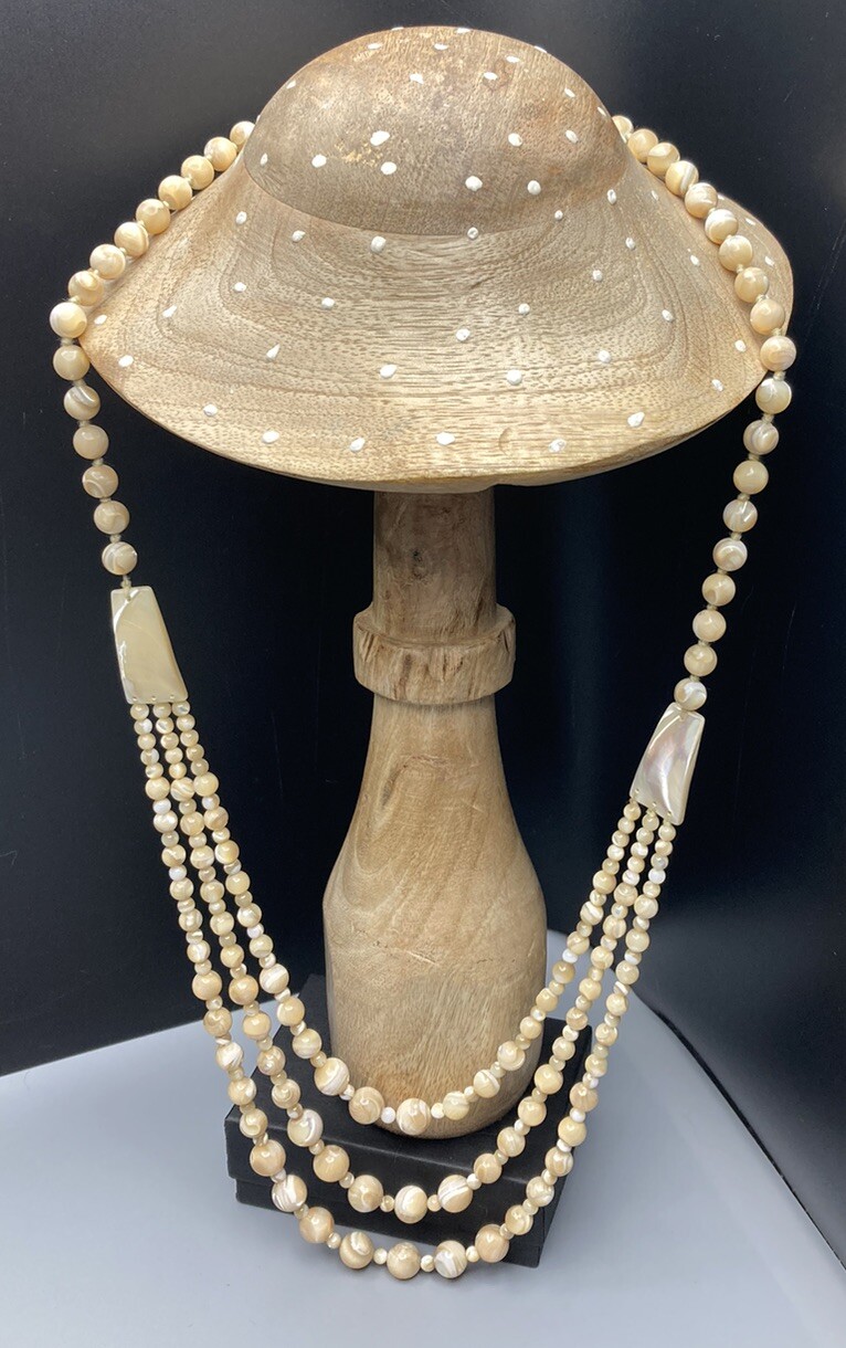 Mother of Pearl Necklace 3 Strand VTG Hand Knotted No Clasp 28.5in 97g 2” Drop