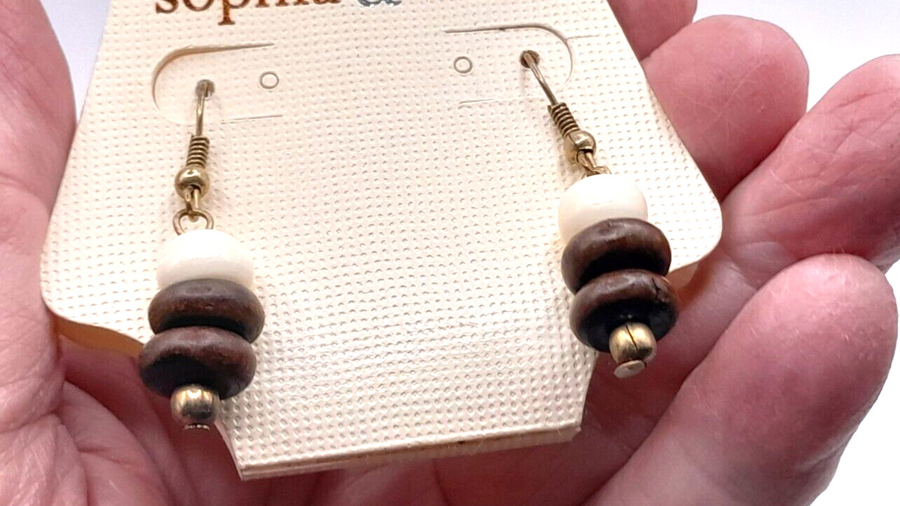 Sophia & Kate White Brown Wood Beaded 2″ Drop/Dangle Earrings New