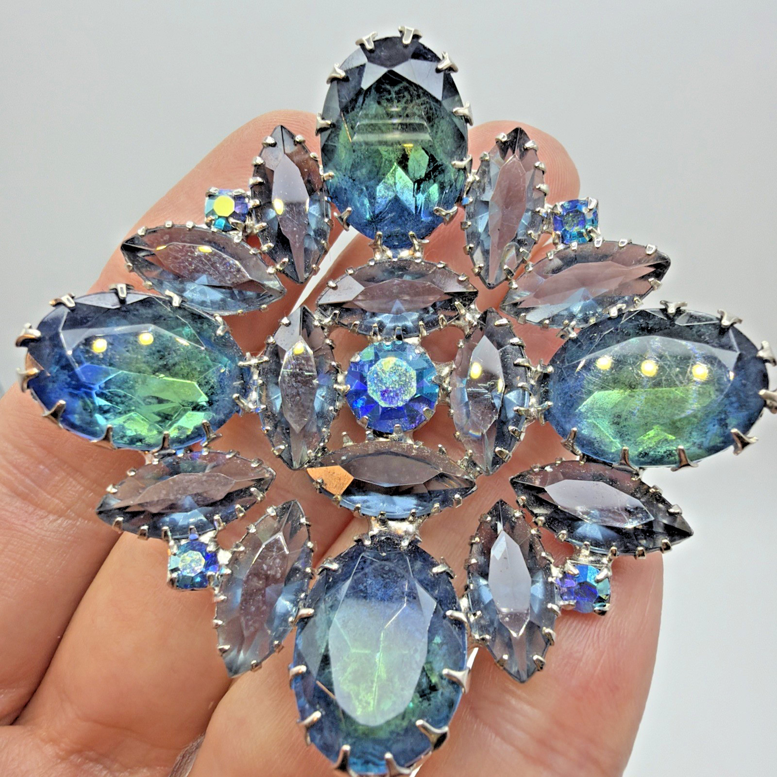 Vintage Aurora Borealis Crystal Brooch Blue Teal Silver Toned