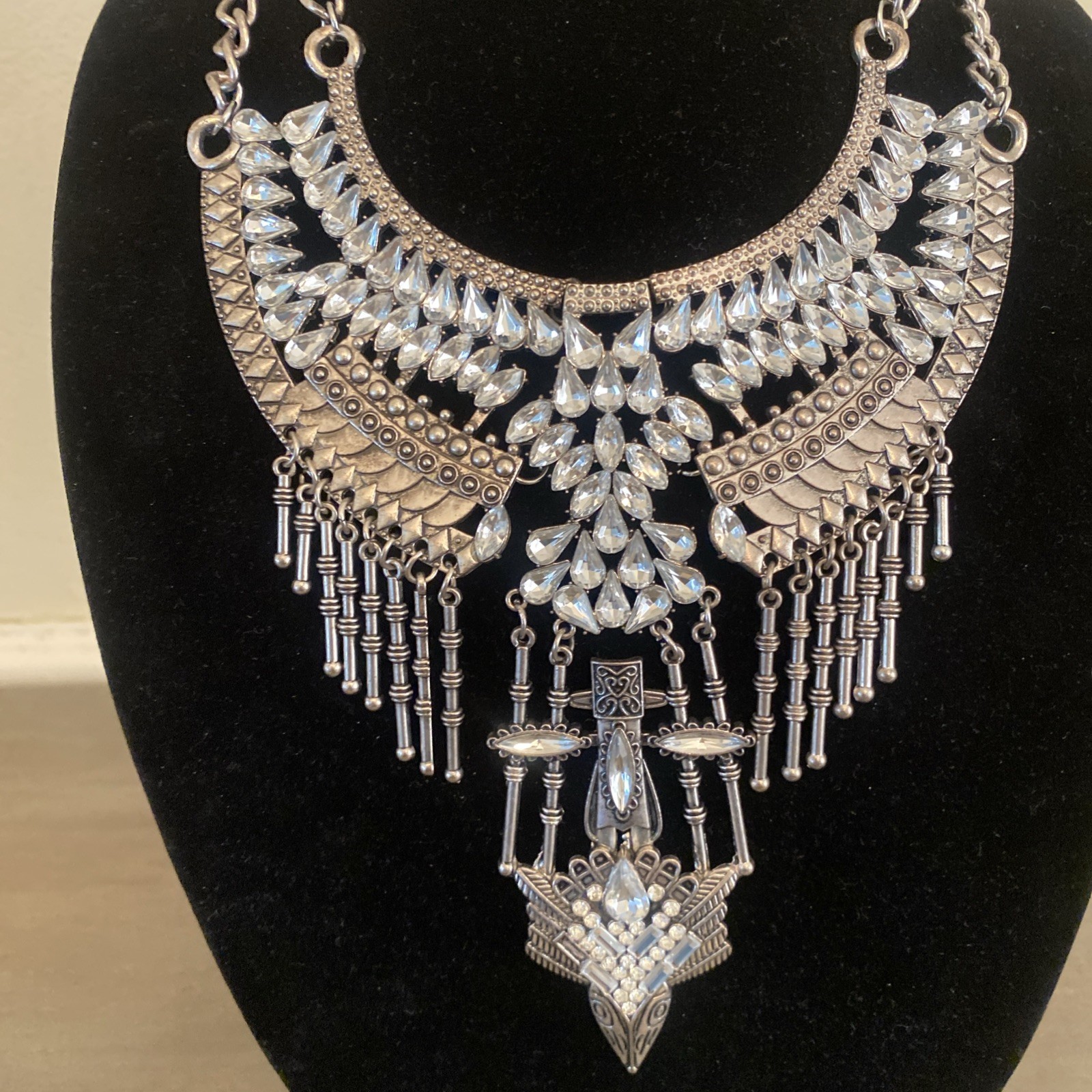 Necklace Silver Tone Statement Fringe Chunky Layered Boho Chic Festival Y2K Glam