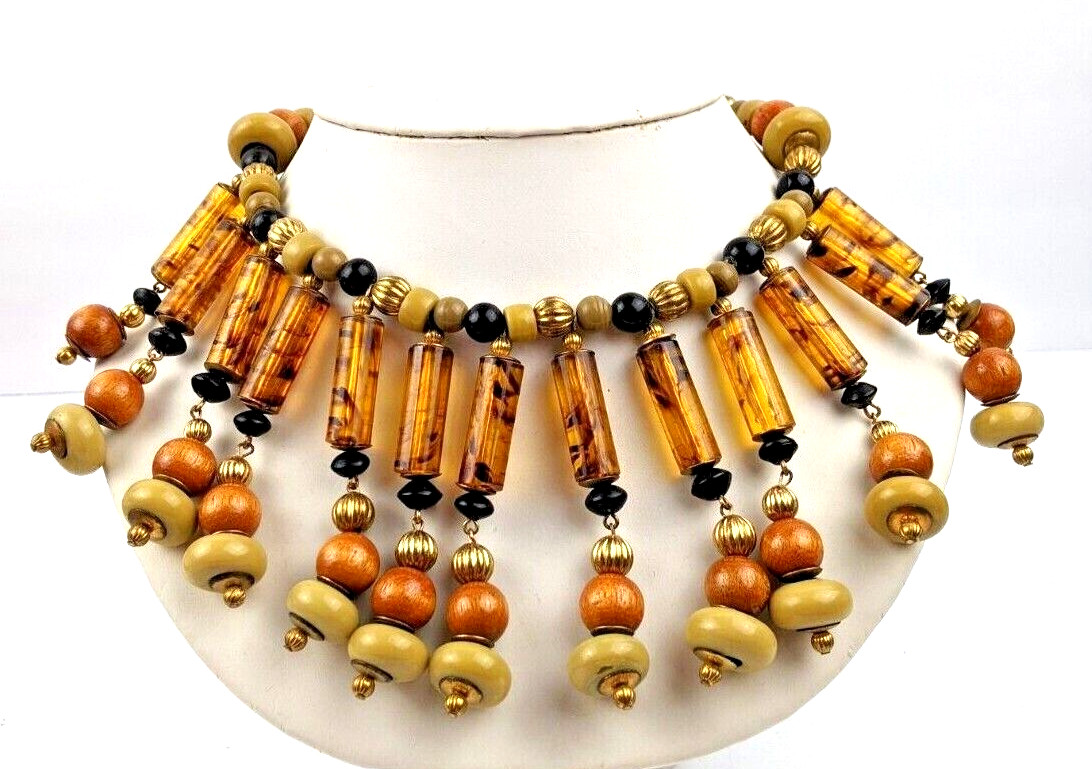 Bold Vintage Cleopatra Lucite, Wood & Gold Beaded Bib Statement Collar Necklace