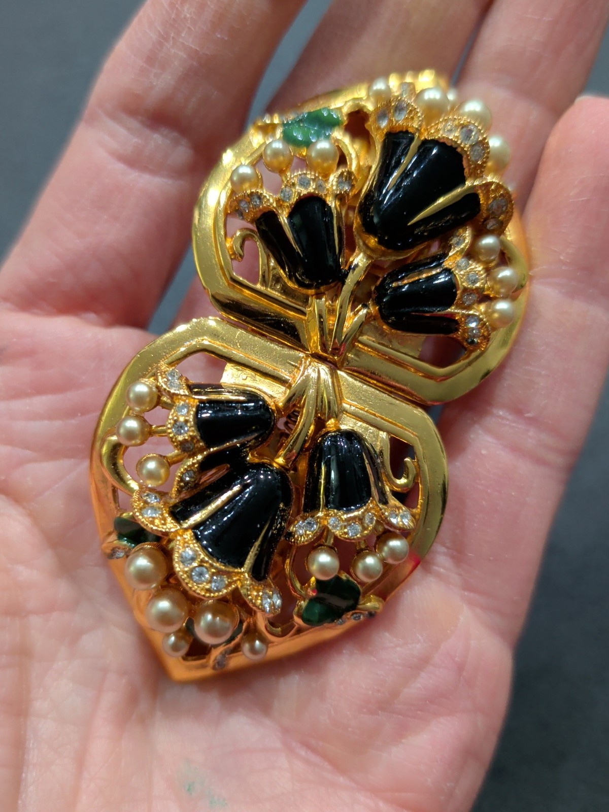 CORO DUETTE Convertible Brooch Gold Tone Black Green Enamel Pearl Crystal Floral