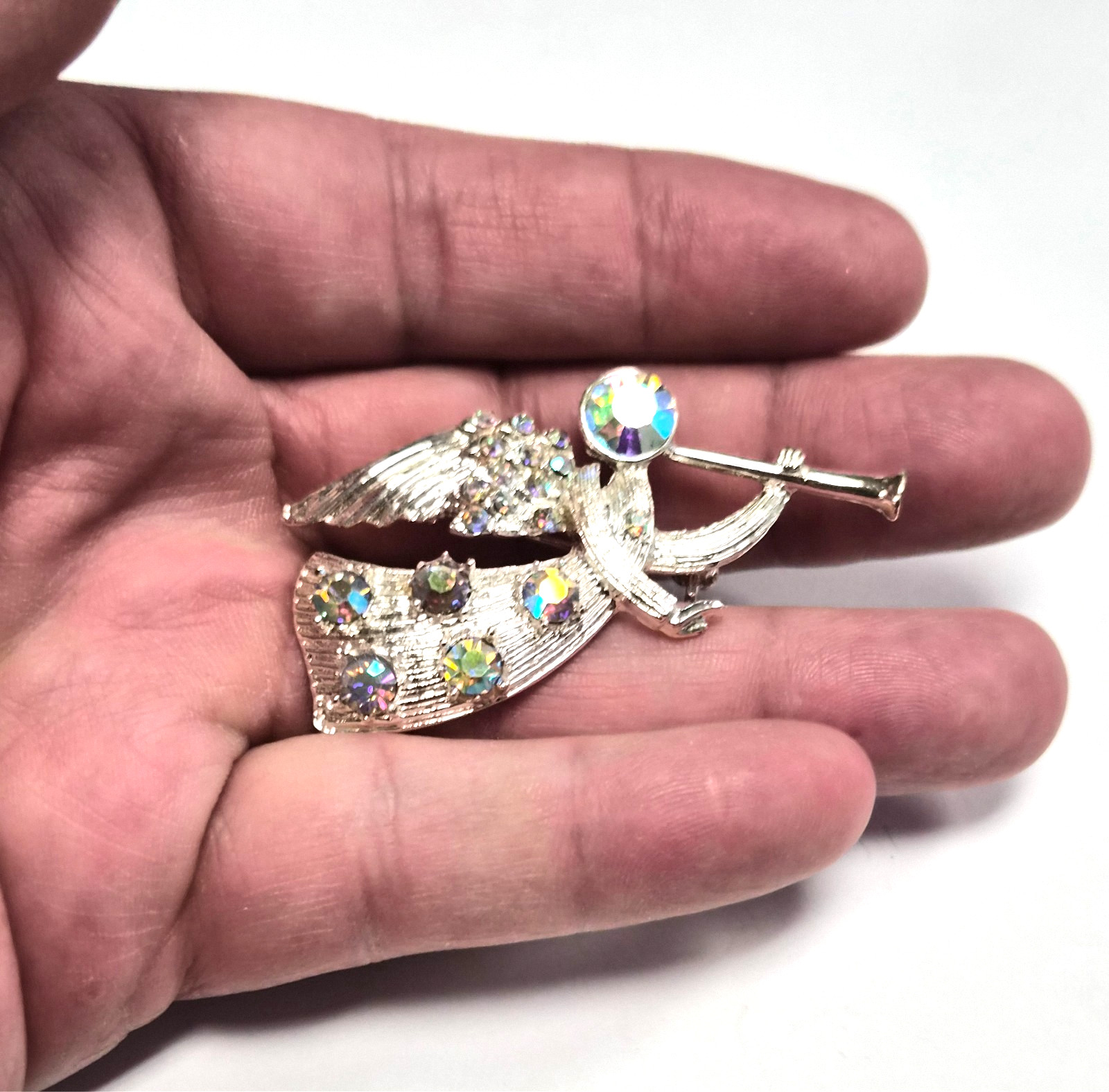 Vintage 90’s Christmas Trumpet Angel W/ Aurora Borealis Rhinestones Pin / Brooch