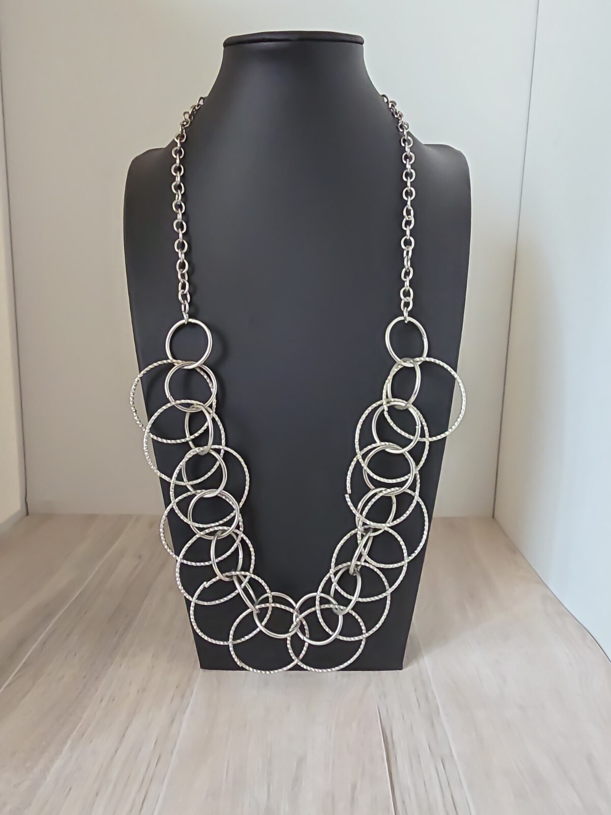 Vintage 1990s Silvertone Large Circle Chain Link Long Necklace