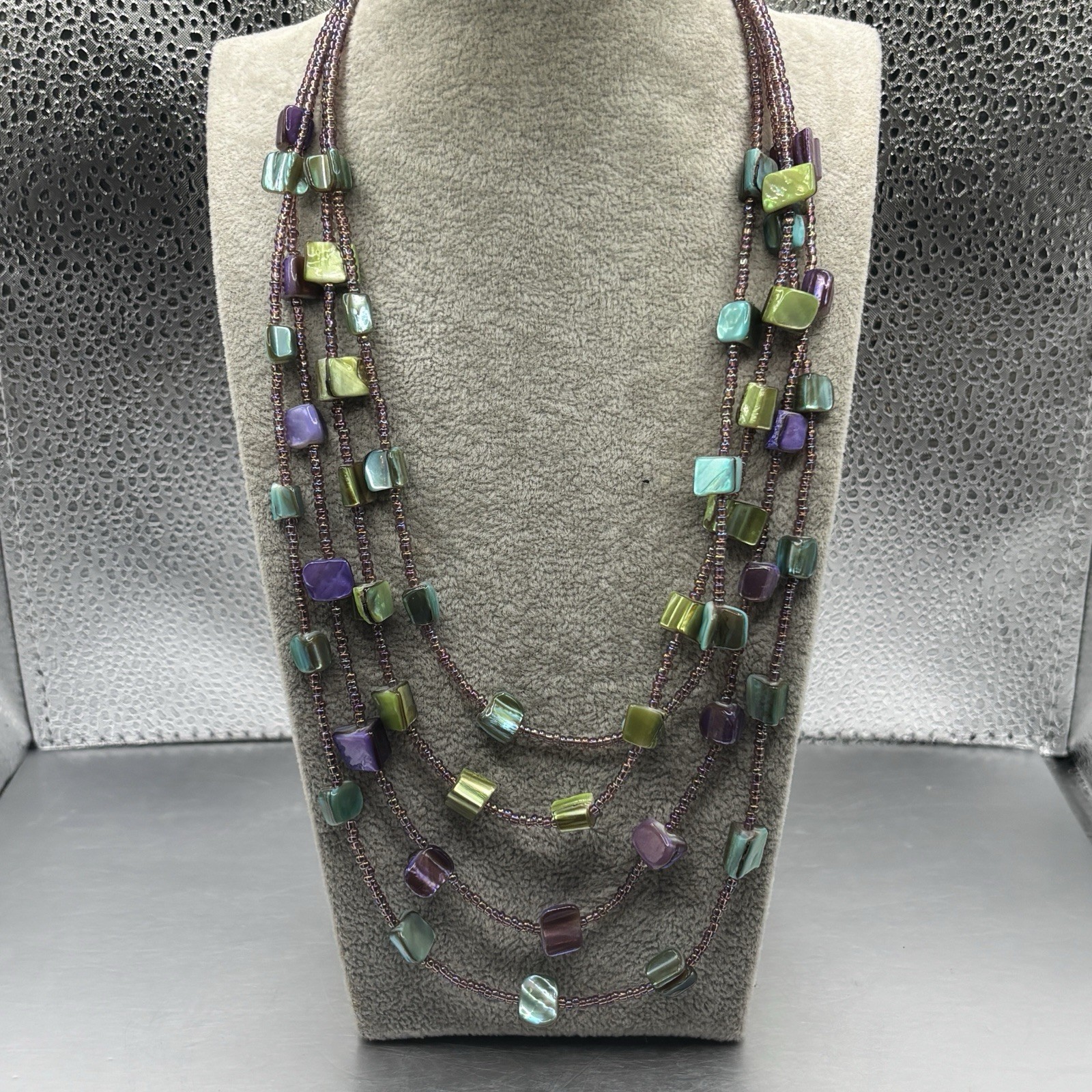 4-Strand Shell MOP Abalone Necklace Purple Blue & Seed Beads 15” + 2” Ext Jewels