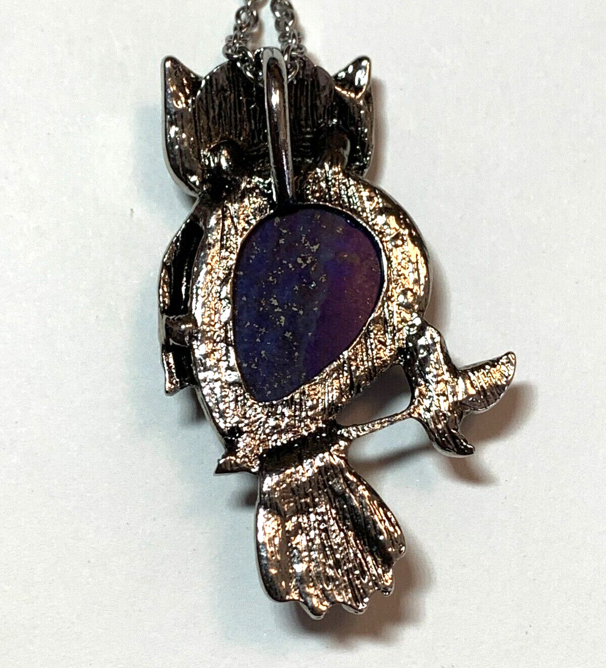 Lapis Lazuli Owl Pendant Glass Rhinestone Eyes Stainless Steel Chain Necklace