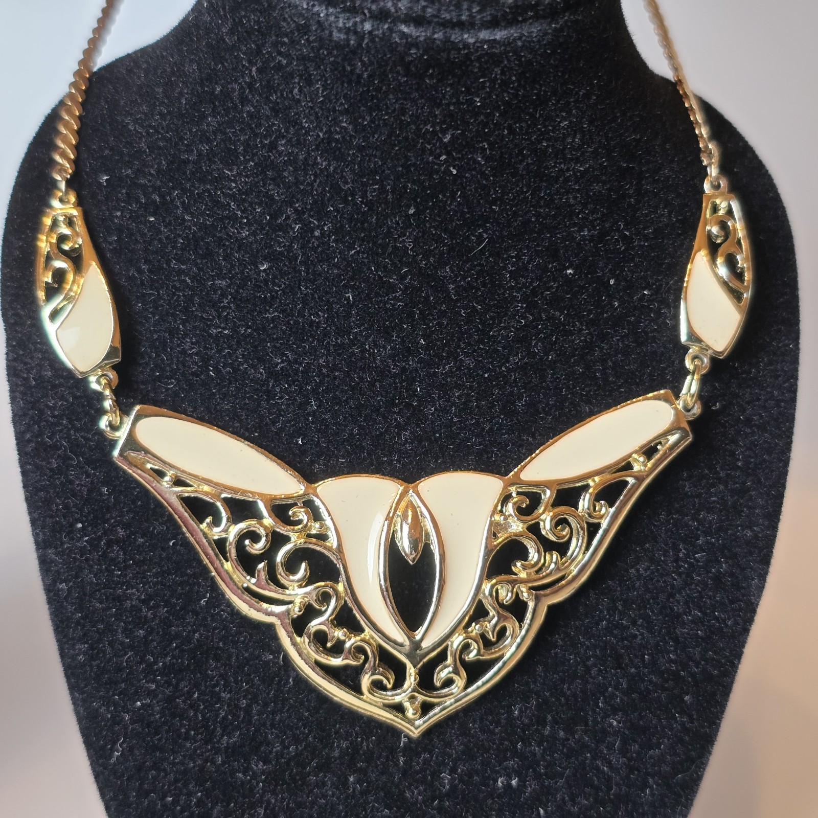 Vintage DeMilo Ivory Enamel Filigree Bib Necklace Statement Collar Art Nouveau