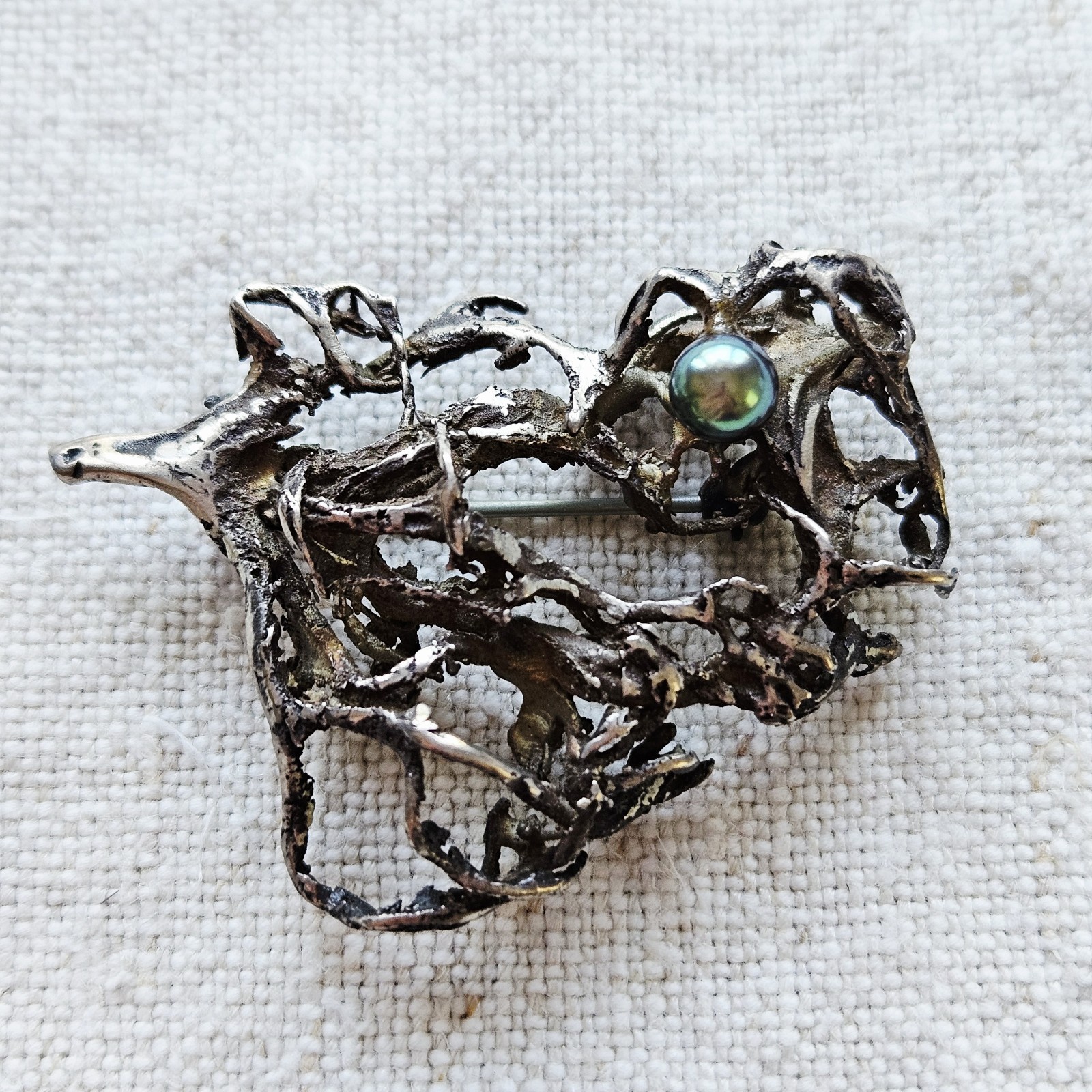 Vintage Modernist Mid-Century Brutalist Silver Brooch Pin Green Pearl