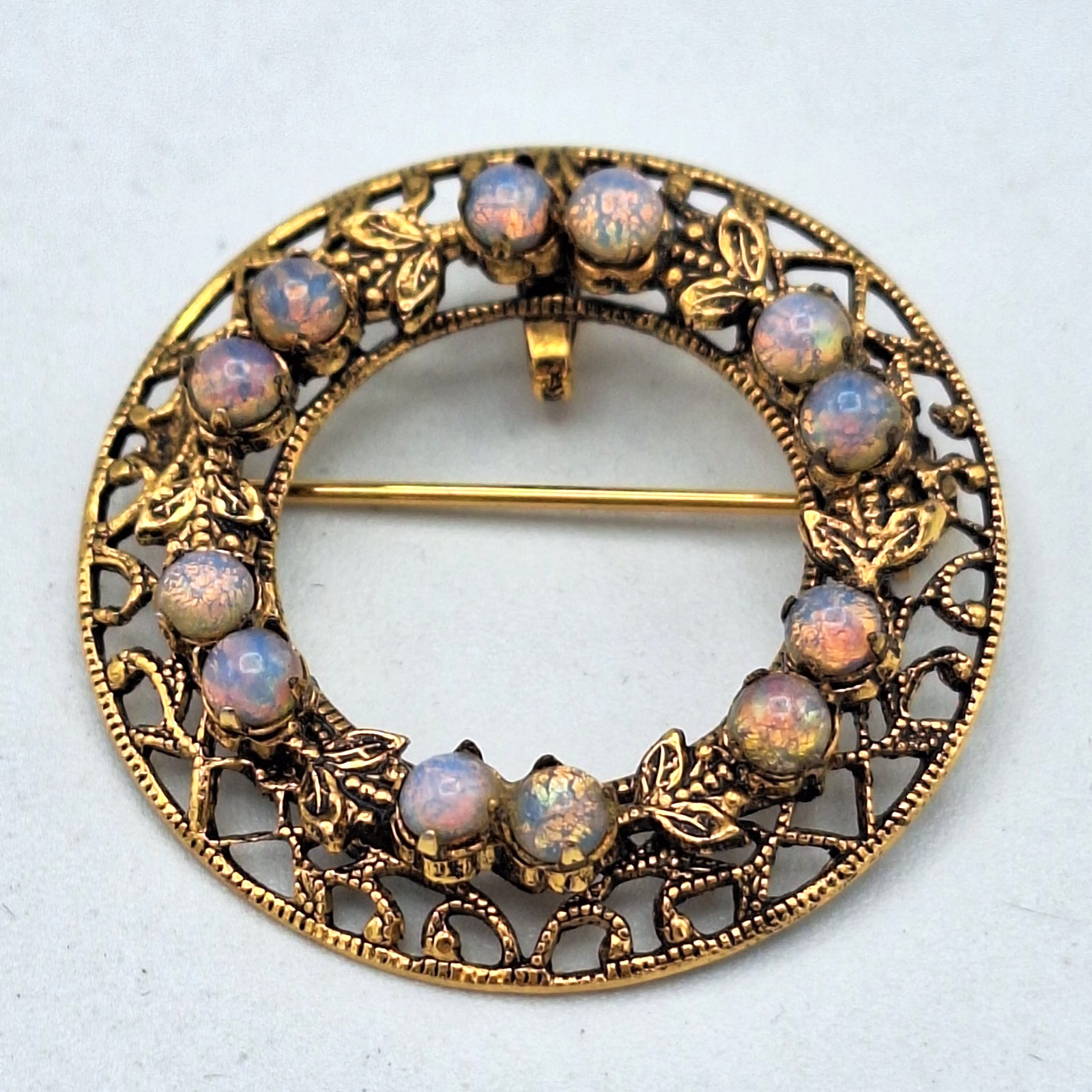 Vintage Faux Opal Filigree Wreath Brooch Pin with Pendant Bail, Gold Tone, 1.25″