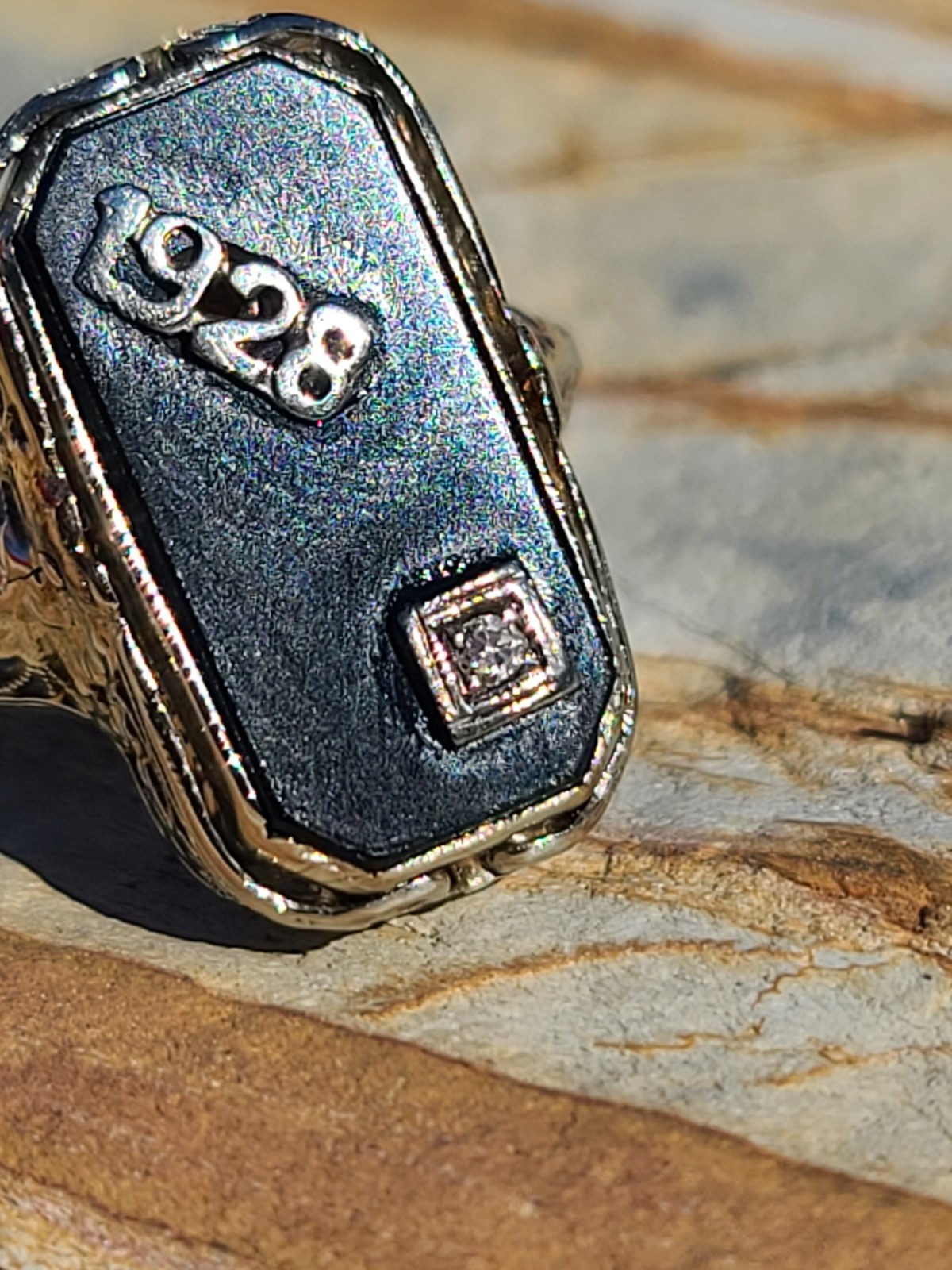 Antique 1928 Art Deco 14K White Gold Diamond Black Onyx Shell Cameo Flip Ring