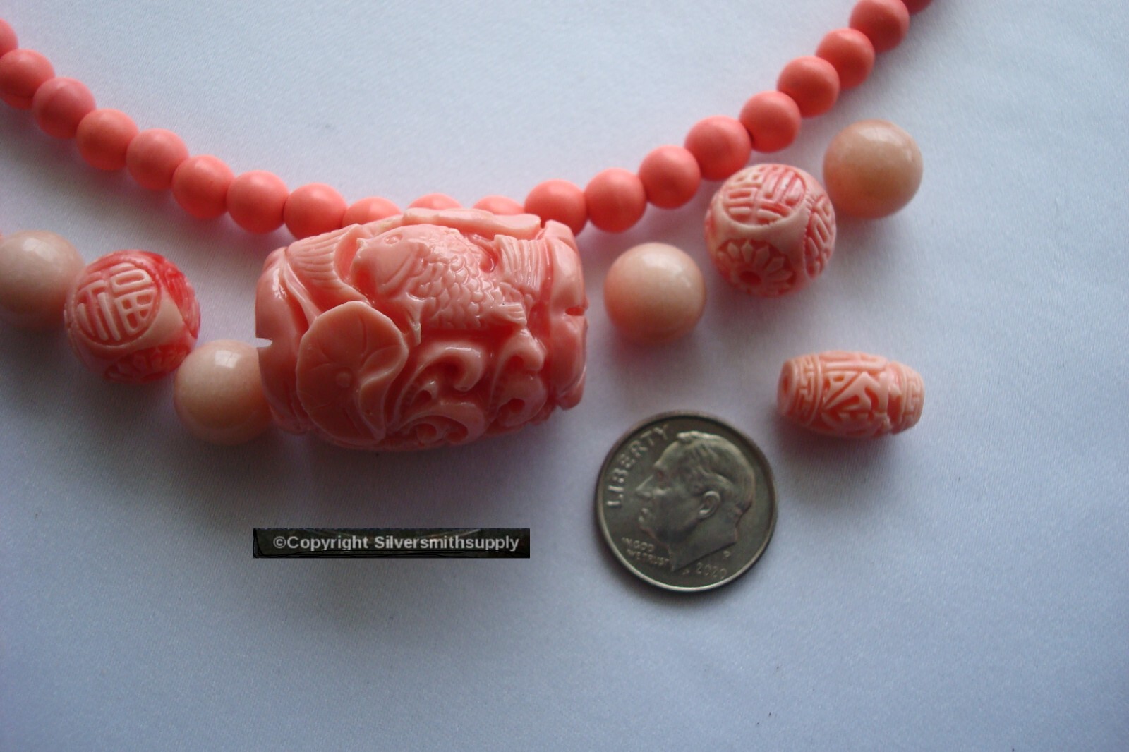 5 Carved Angel Skin Faux Coral Beads Huge 30x22mm Center 68pcs 6mm 16″ KIT012