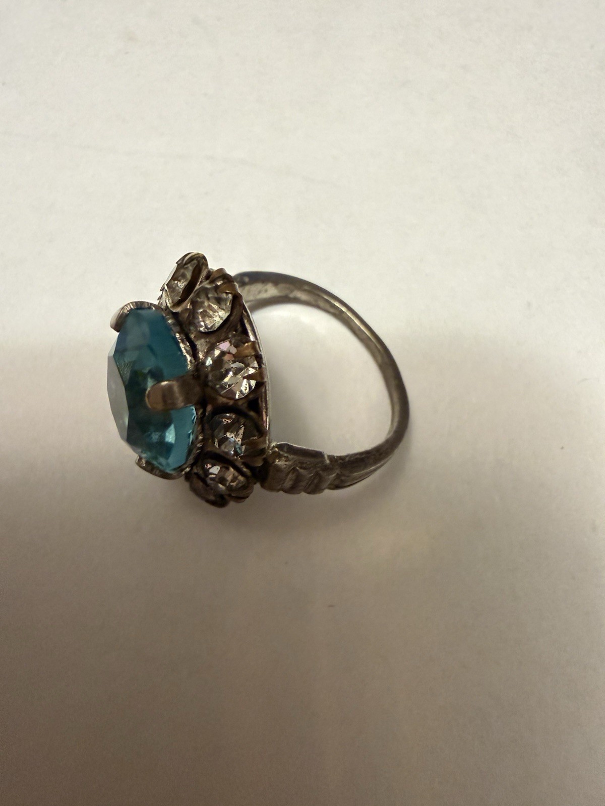 VTG Art Deco Prong Set Ring / Blue Center Stone / White Stones / Size 4