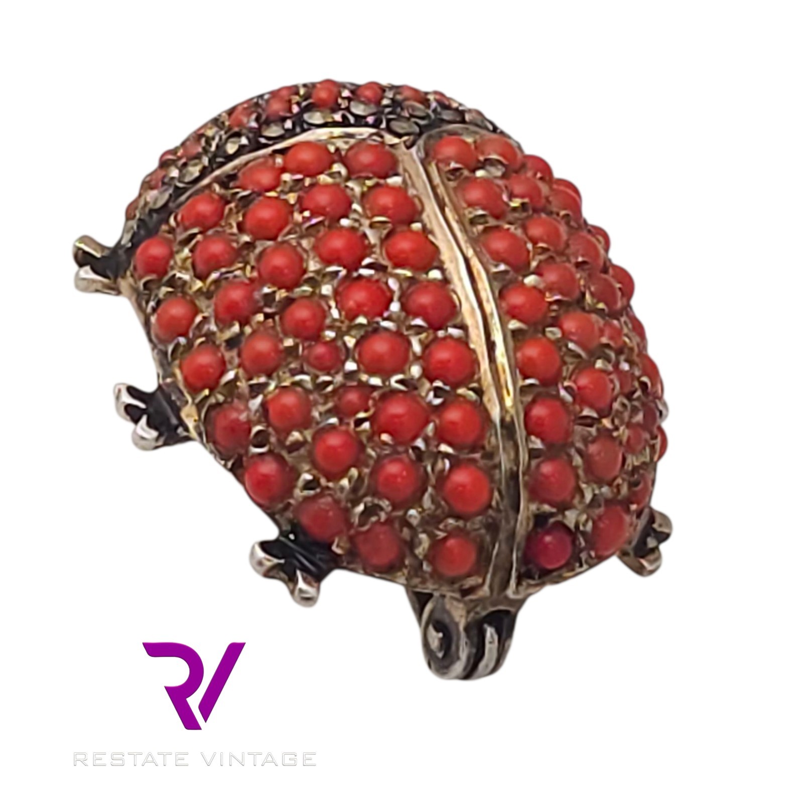 Vintage Germany US Zone Sterling Seed Coral Marcasite Ladybug Brooch