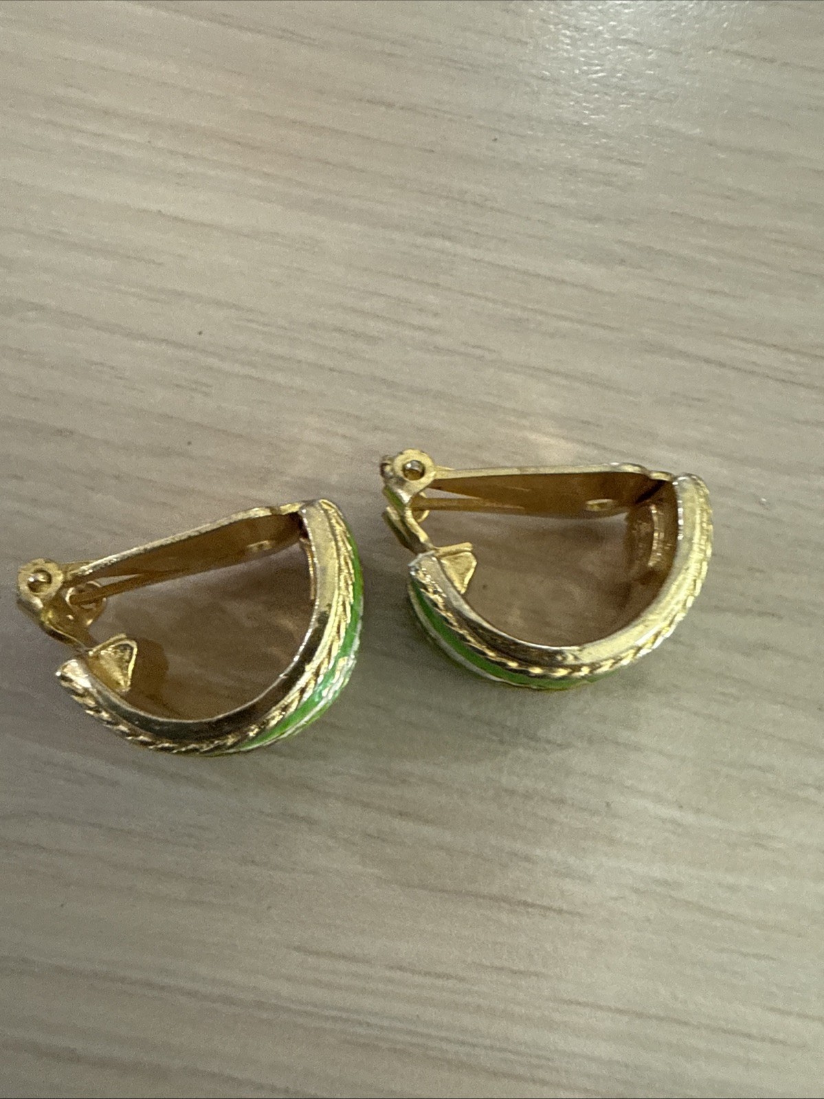 MIMI DI N Lime Green And White Striped Enamel Half Hoop Clip Earrings Gold Tone
