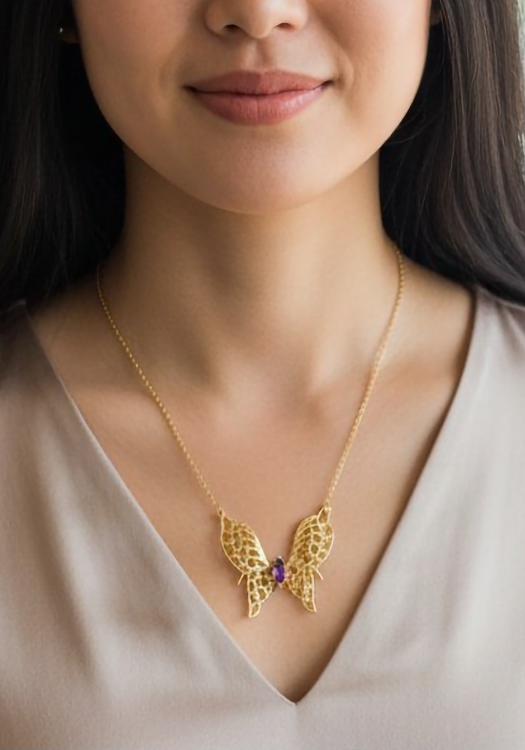 14KGE Lindenwold Gold Electroplated Marquise Purple Amethyst Butterfly Necklace