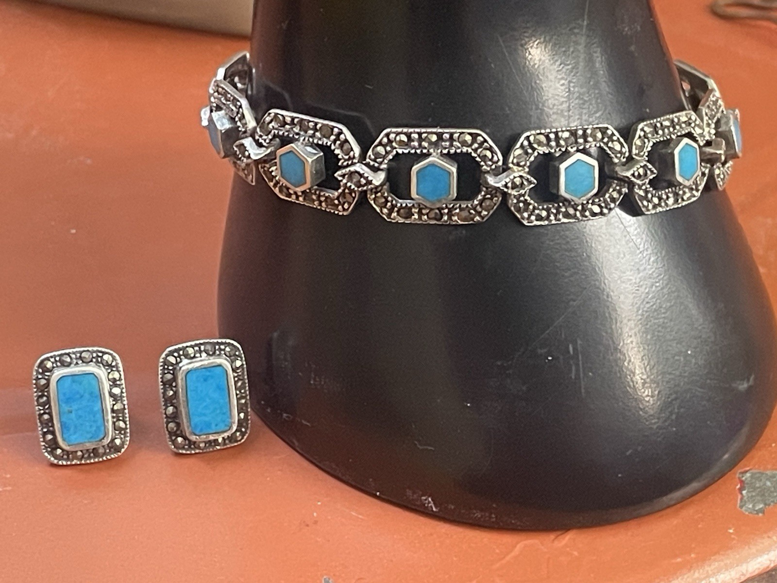 VTG .925 Stamped Sterling Silver Geometric Blue Turquoise Bracelet And Earrings