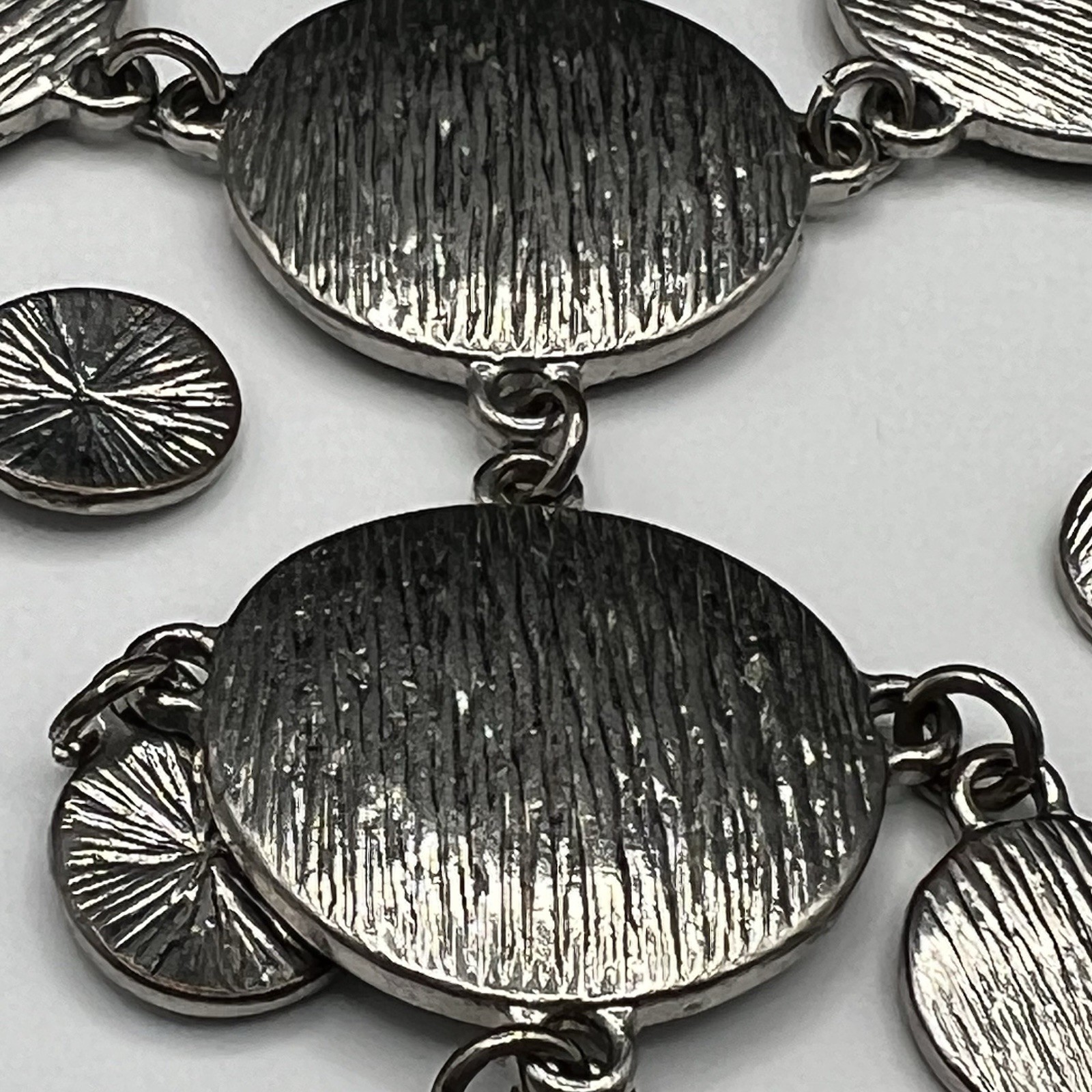 Vintage Brutalist Bib Necklace Silver Tone Disc Fringe Statement Adjustable