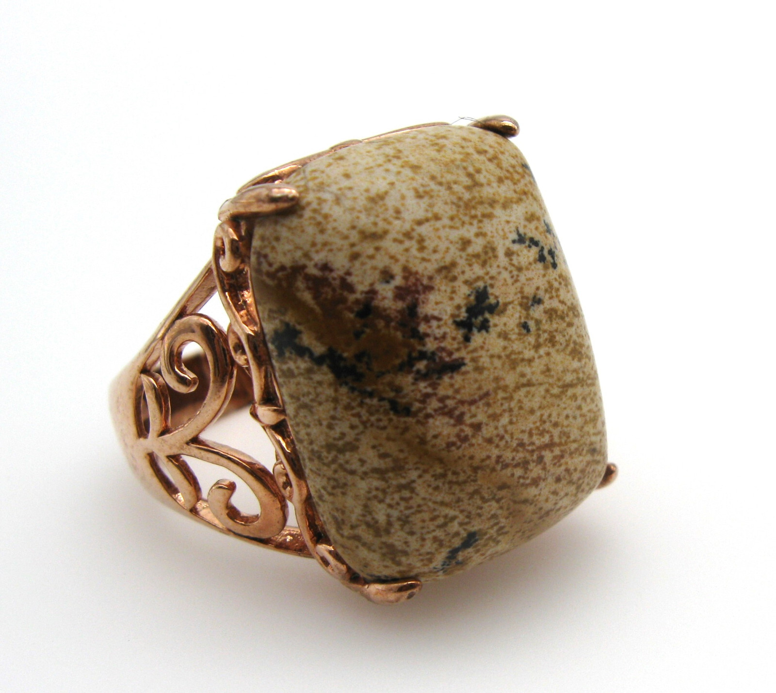 Vintage Jasper Stone Filigree Rose Gold Plated Ring Signed JZ Size 8
