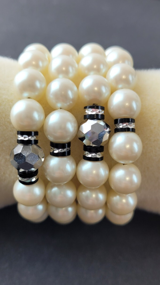 Vintage Faux Pearl Wrap Bracelet Multi Strand Black Silver Tone Beads