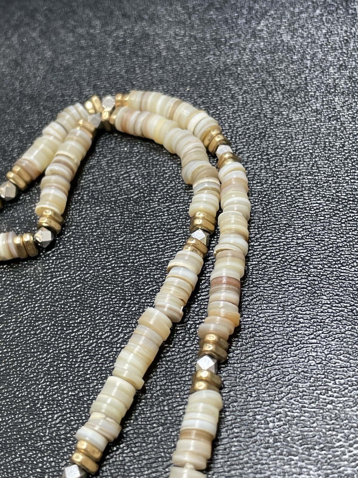 STELLA & DOT Signed 34” Heishi Shell Beaded Silver Tone Chain Necklace