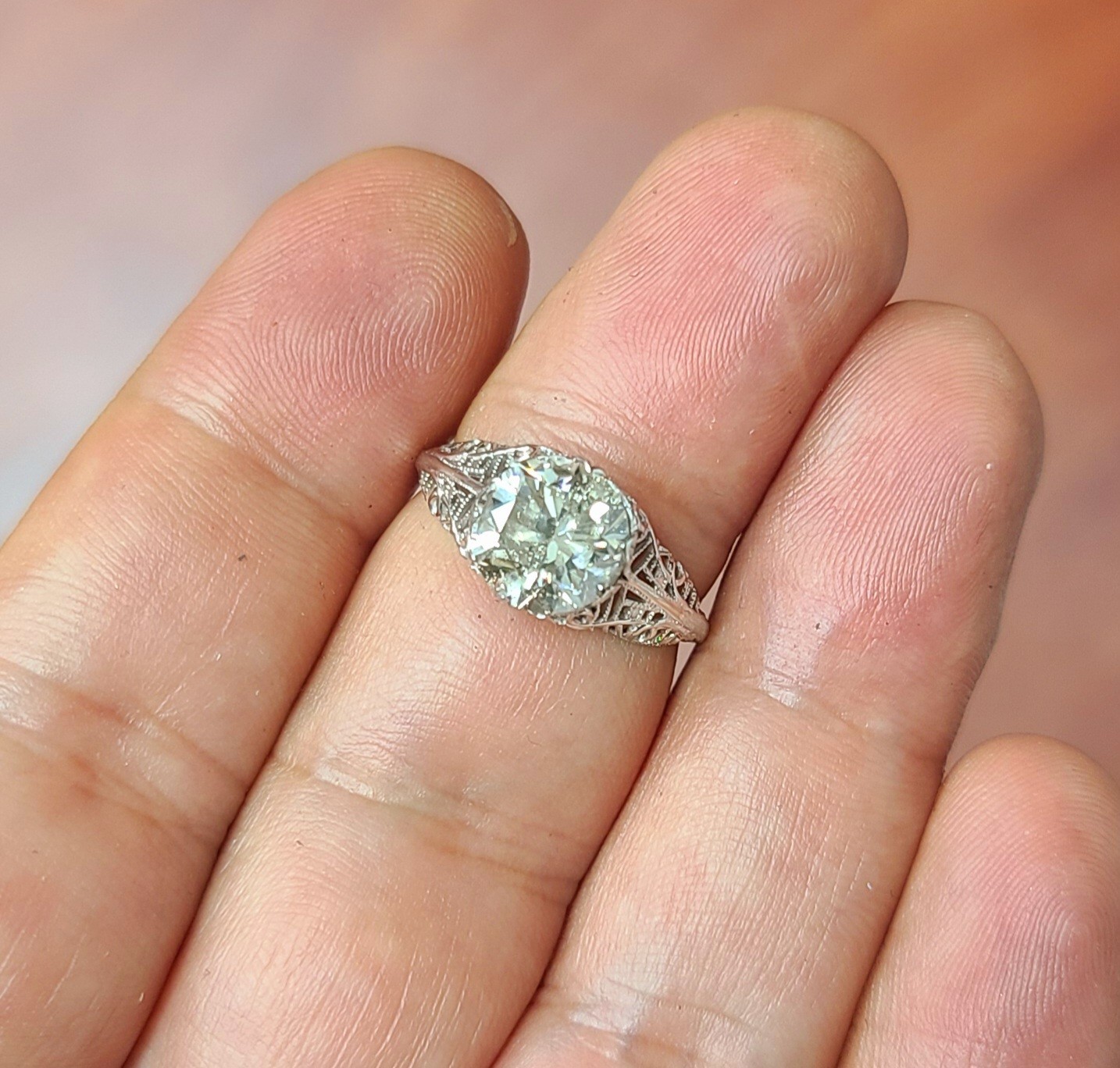 Vintage 18k White Gold Engagement Ring 2.75ct Natural Light Champagne Diamond