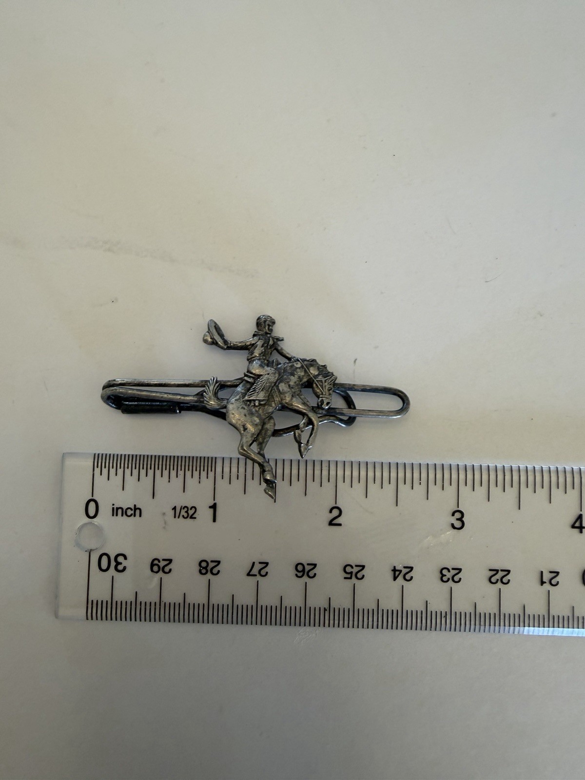 Vintage Cowboy & Horse Tie Clip Western Ranch Rodeo Silver Plated 2.5”