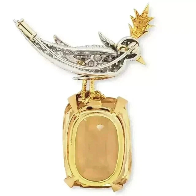 6Ct Cushion Lab Created Citrine & Diamond Bird Brooch Pin 14k Yellow Gold Plated