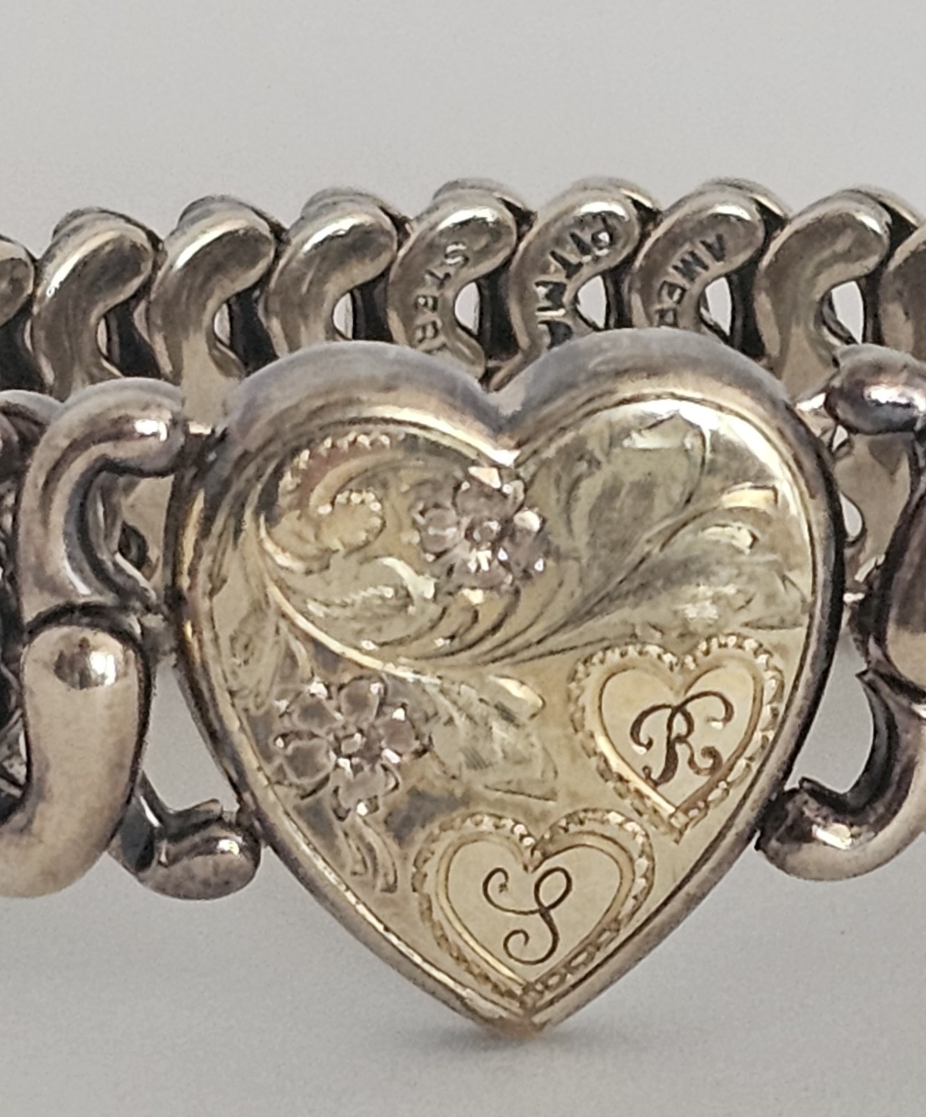 WWII Sweetheart Expansion Bracelet Pitman & Keeler Sterling Base Heart Initials