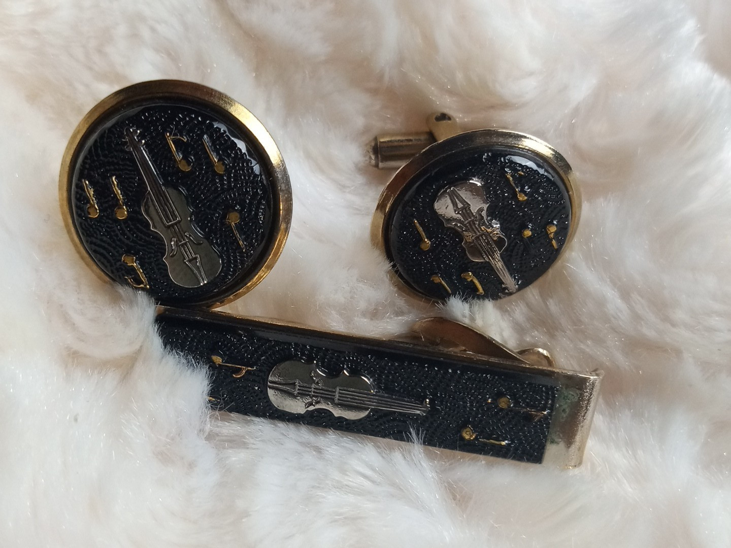 Vintage Men’s Guitar & Music Notes Cuff Links & Tie Clip