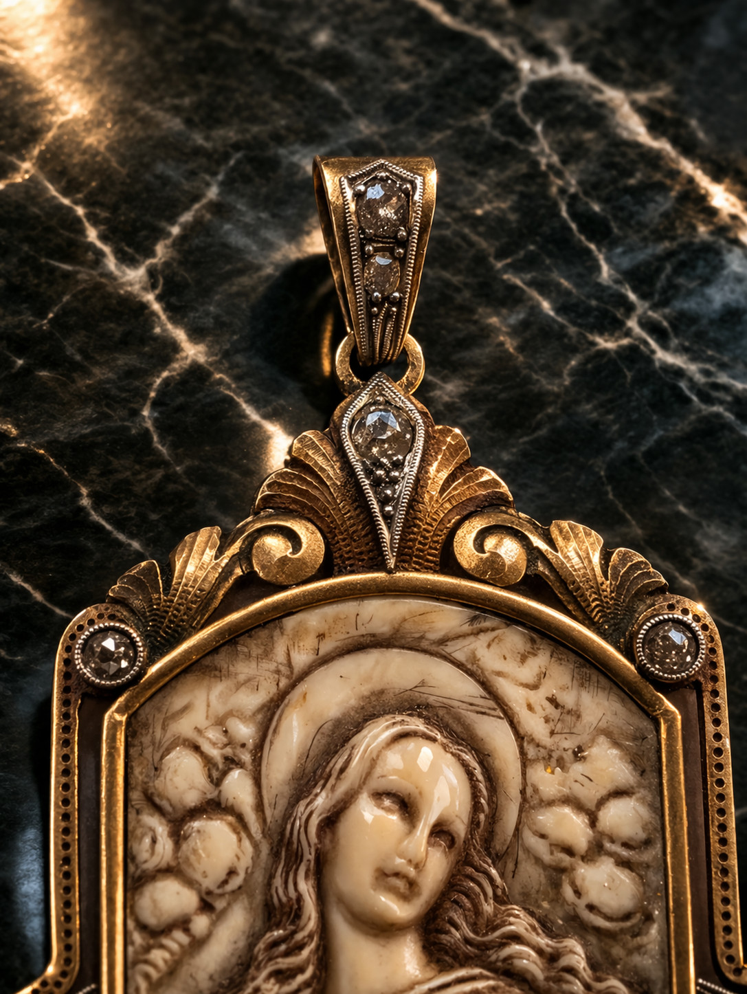 Antique 18K Gold Virgin Mary Pendant w/ 11 Diamonds Victorian Religious Rare XIX