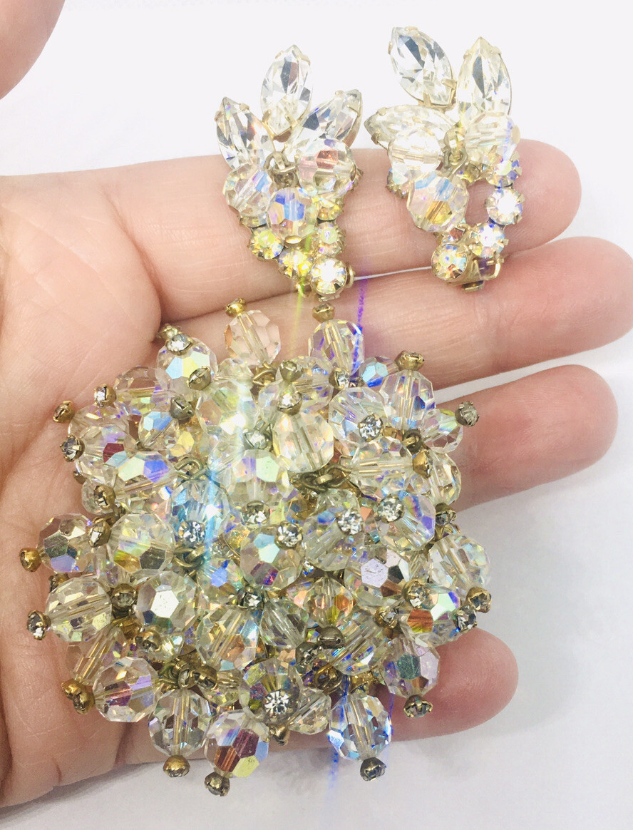 Juliana Delizza & Elster Huge AB Cha Cha Brooch & Earrings Demi Vintage Jewelry